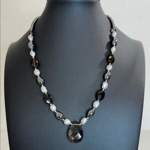 Smoky Quartz, Freshwater Pearls, Hematite bead Spinel Pendant Necklace